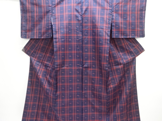 未使用品　格子に絣柄織り出し米沢紬着物・道中着アンサンブル